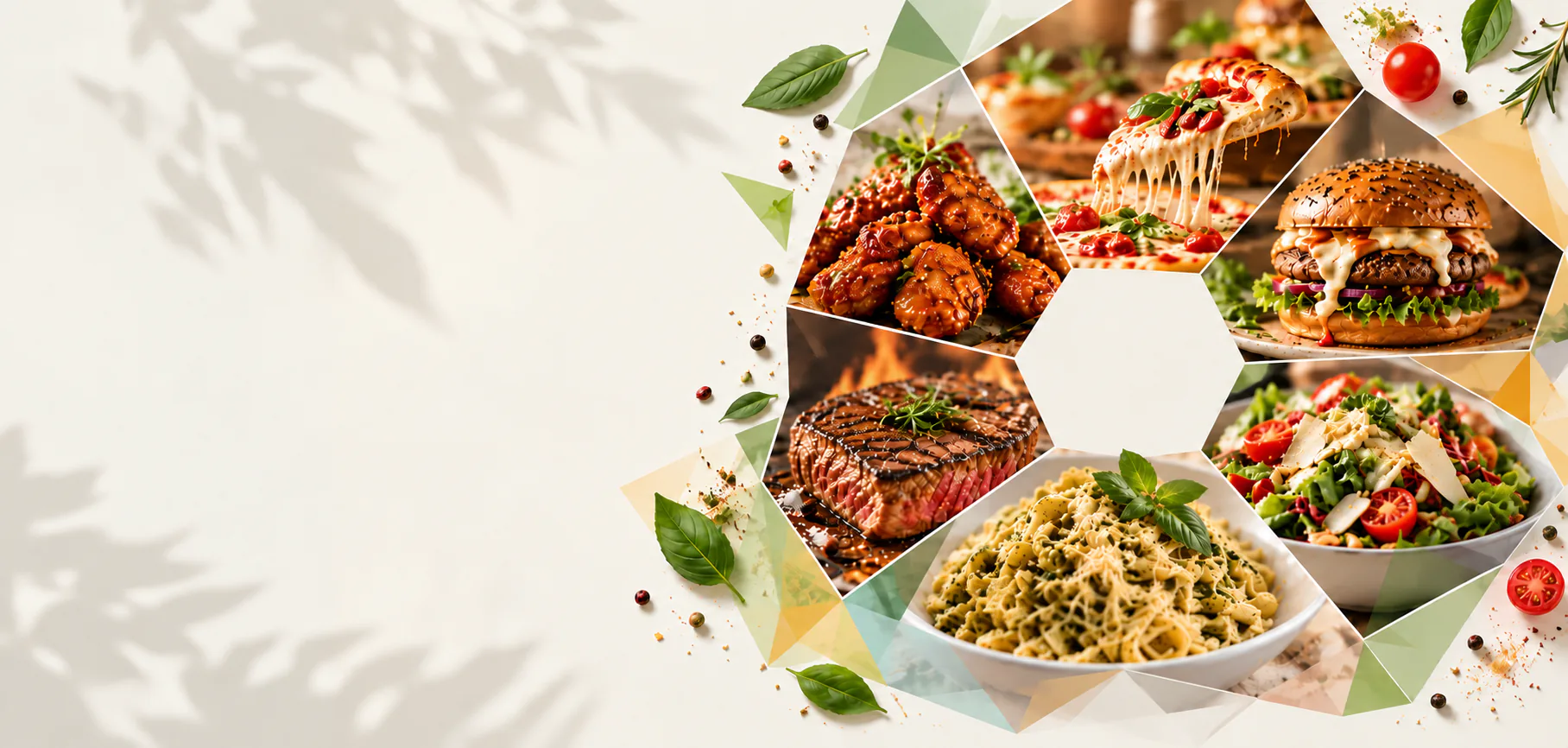 Chicken wings, pizza, burger, steak, pasta and salad arranged around a central menu hexagon