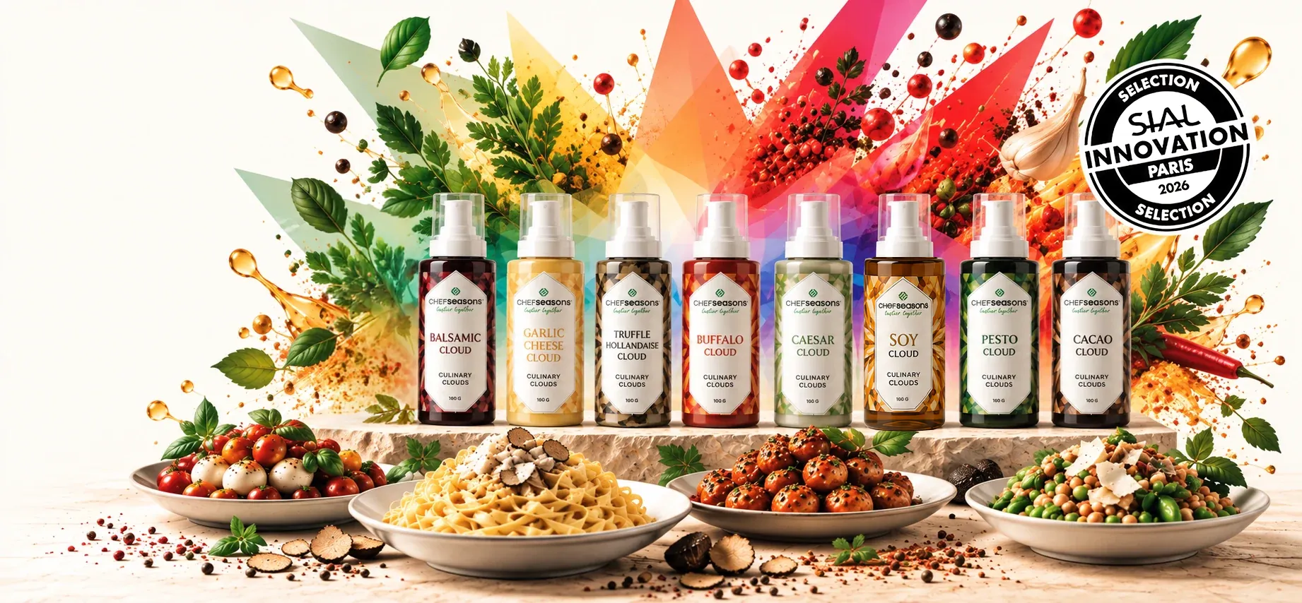 Chef Seasons Culinary Clouds sauce sprays in front of a faceted spectrum of spices, with the SIAL Innovation Paris 2026 Selection badge