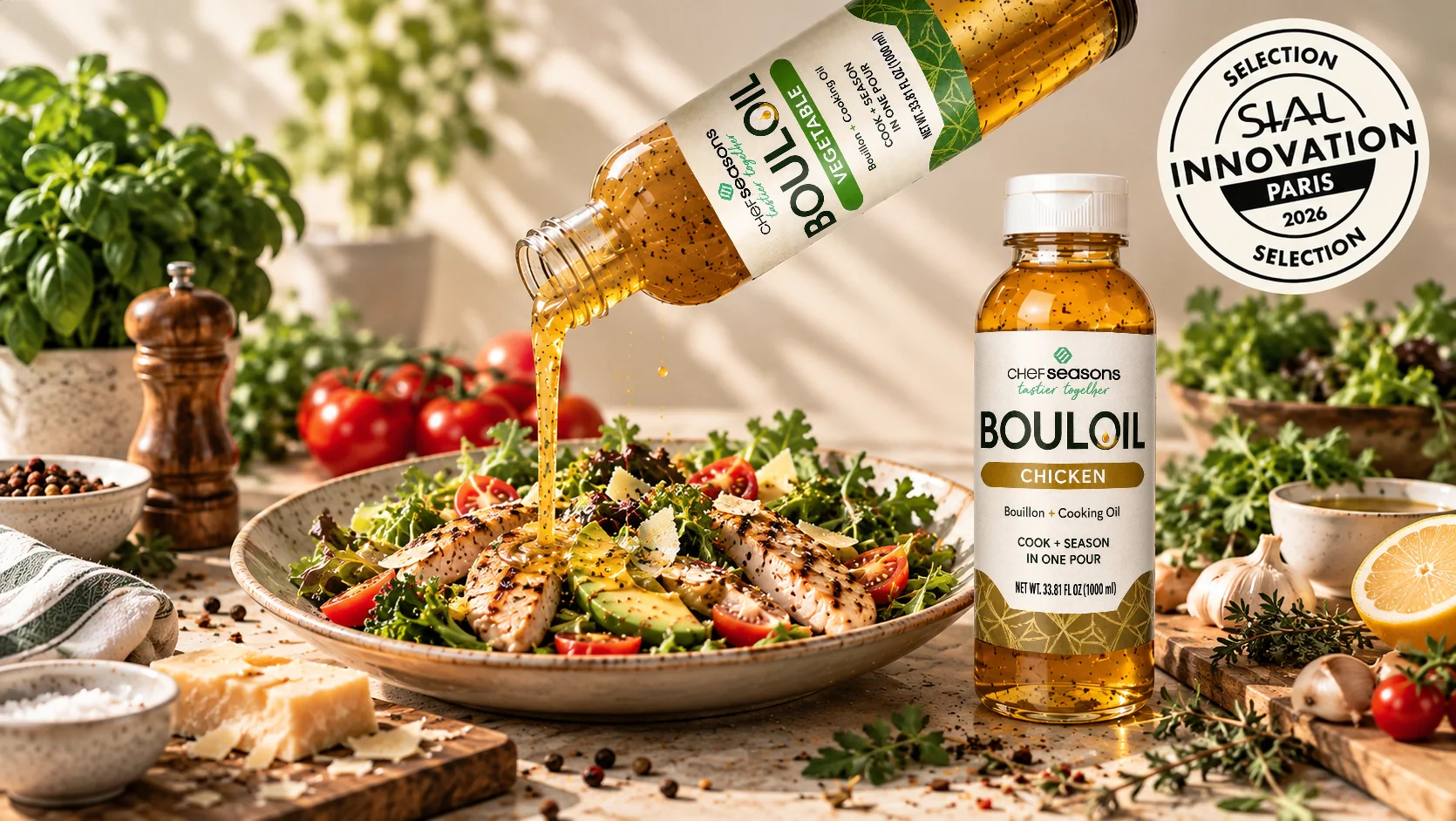 Chef Seasons Bouloil meat bouillon and cooking oil poured over a salad, with the SIAL Innovation Paris 2026 Selection badge