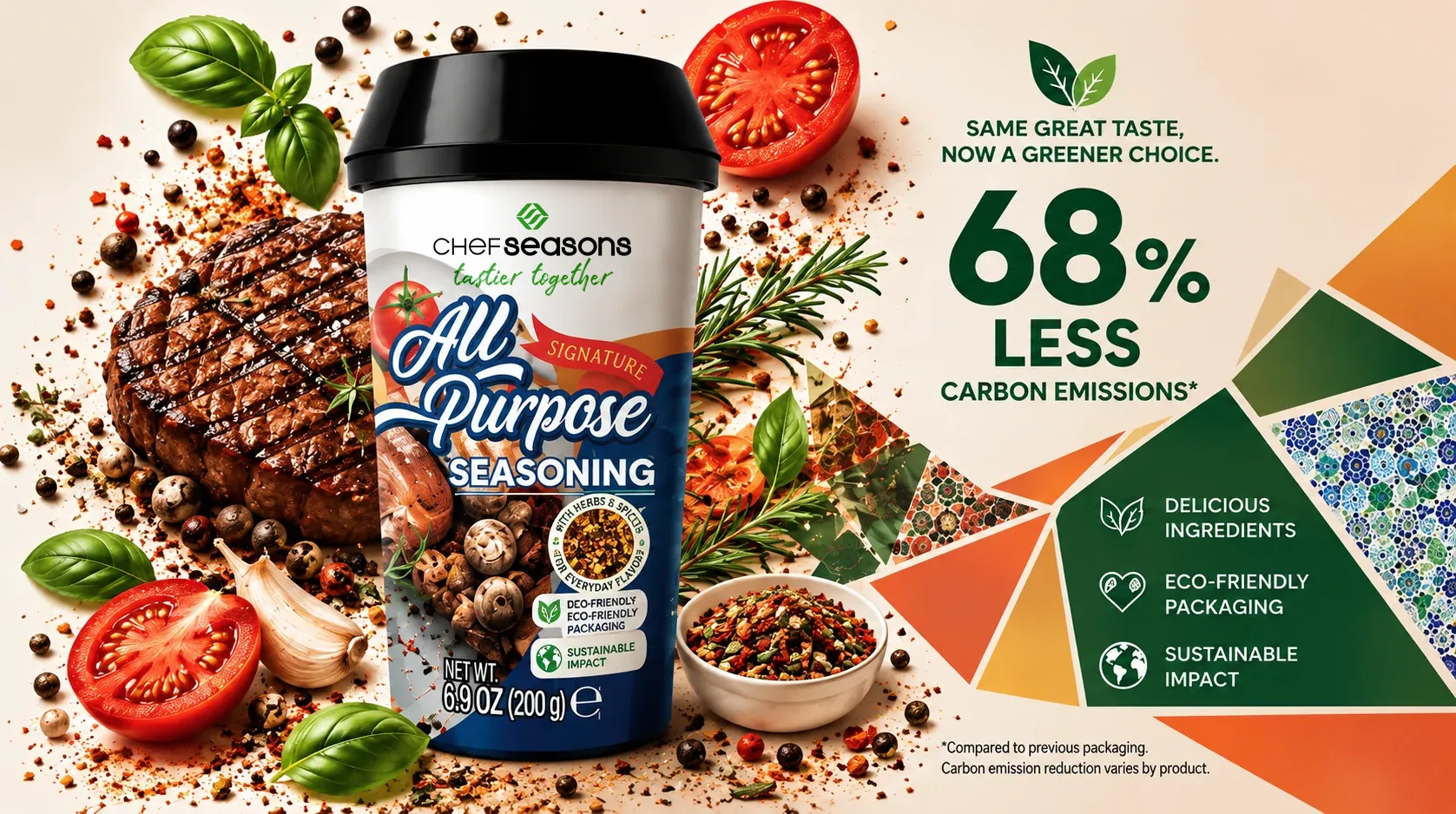 Chef Seasons All Purpose Seasoning in a recyclable cup: same great taste, 68% less carbon emissions