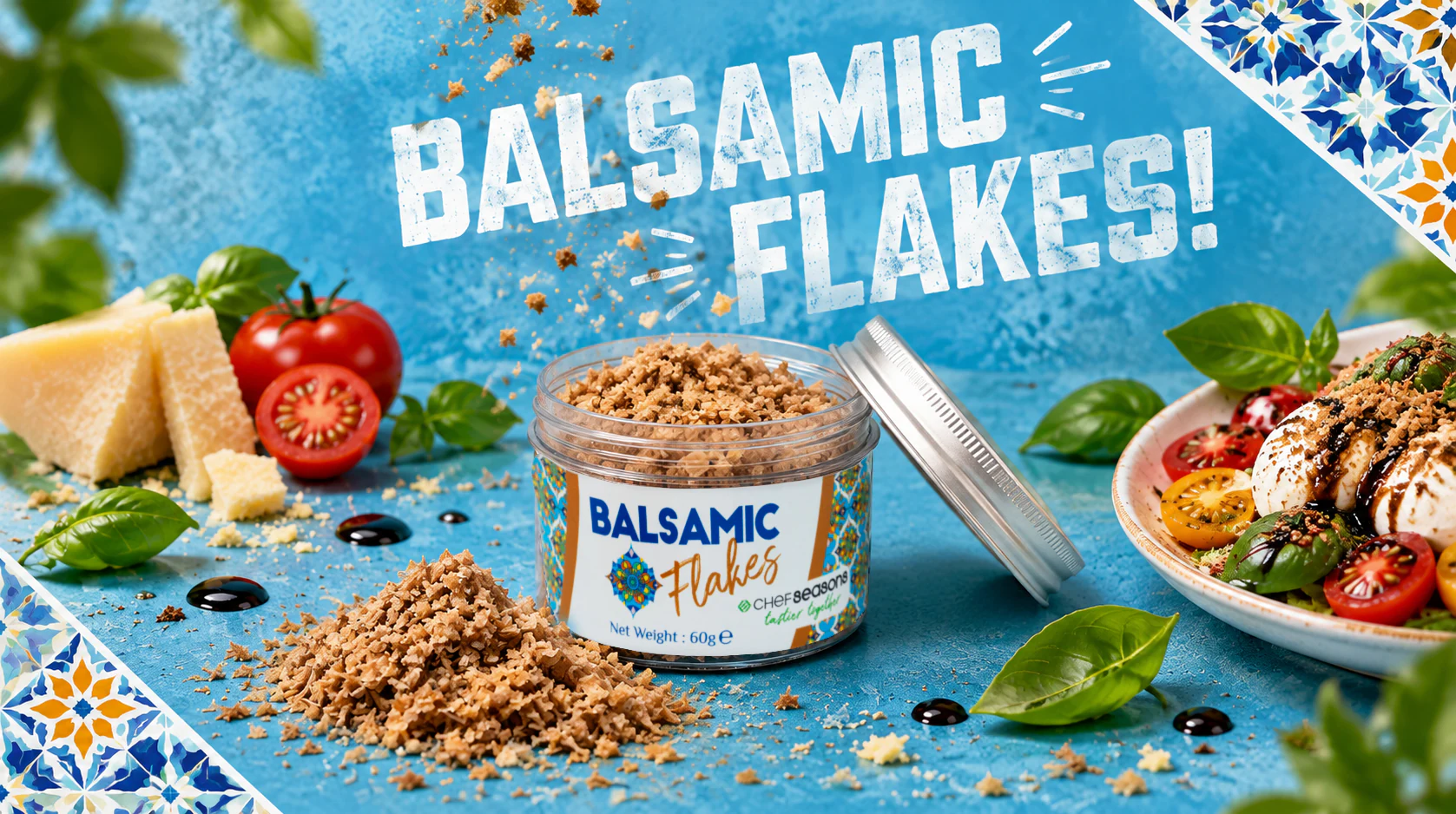 Chef Seasons Balsamic Flakes with a caprese plate and Mediterranean tiles